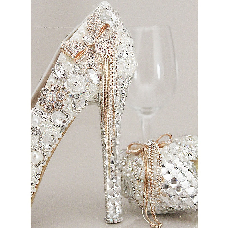 Bridal Stiletto Heels with Rhinestone Crystal Imitation Pearl Bowknot and Tassel Details
