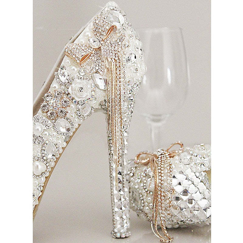 Bridal Stiletto Heels with Rhinestone Crystal Imitation Pearl Bowknot and Tassel Details