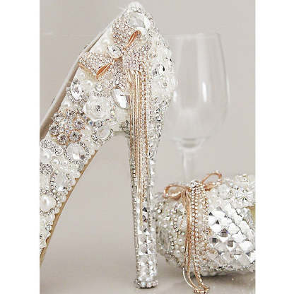 Bridal Stiletto Heels with Rhinestone Crystal Imitation Pearl Bowknot and Tassel Details