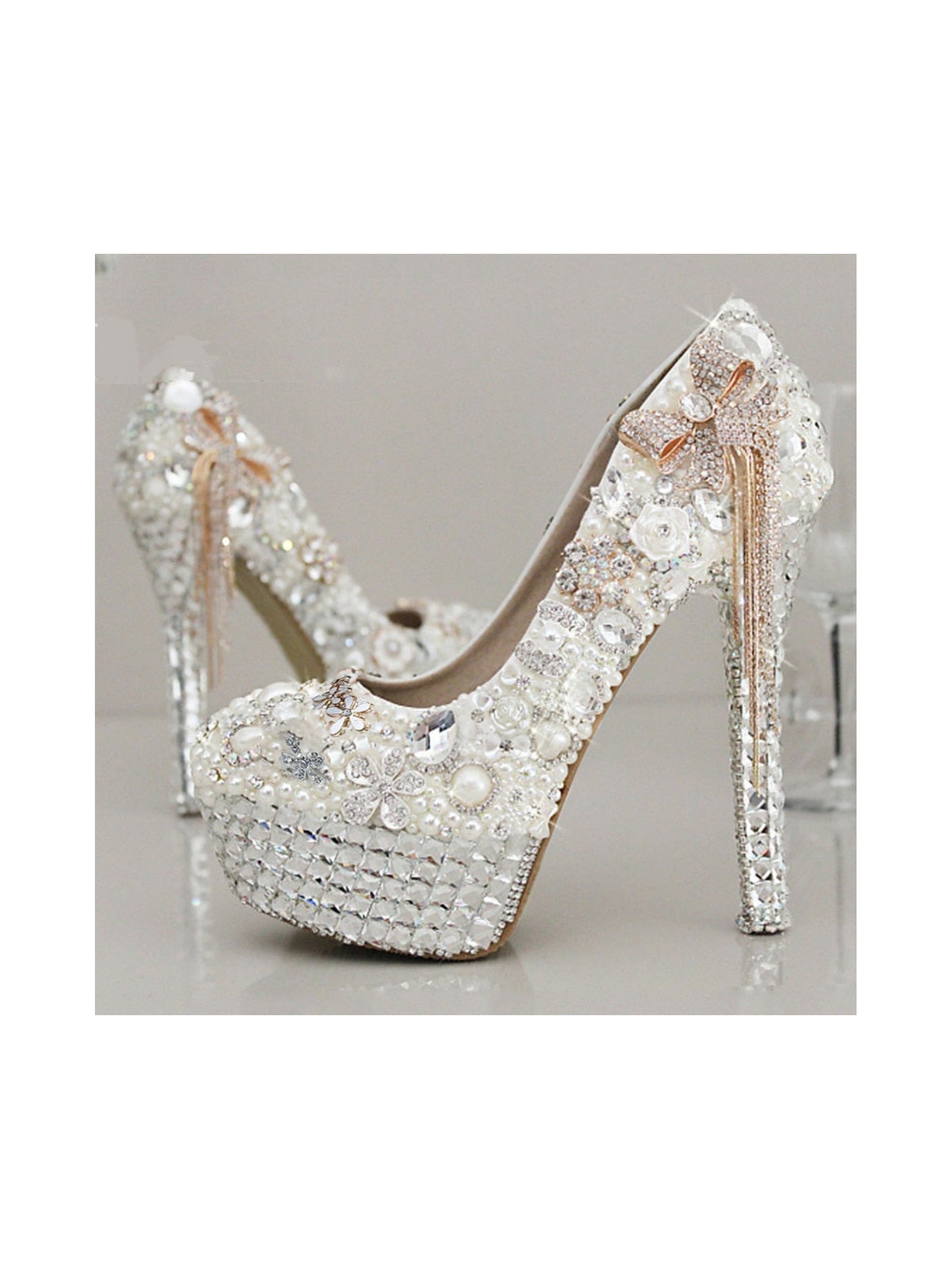 Bridal Stiletto Heels with Rhinestone Crystal Imitation Pearl Bowknot and Tassel Details