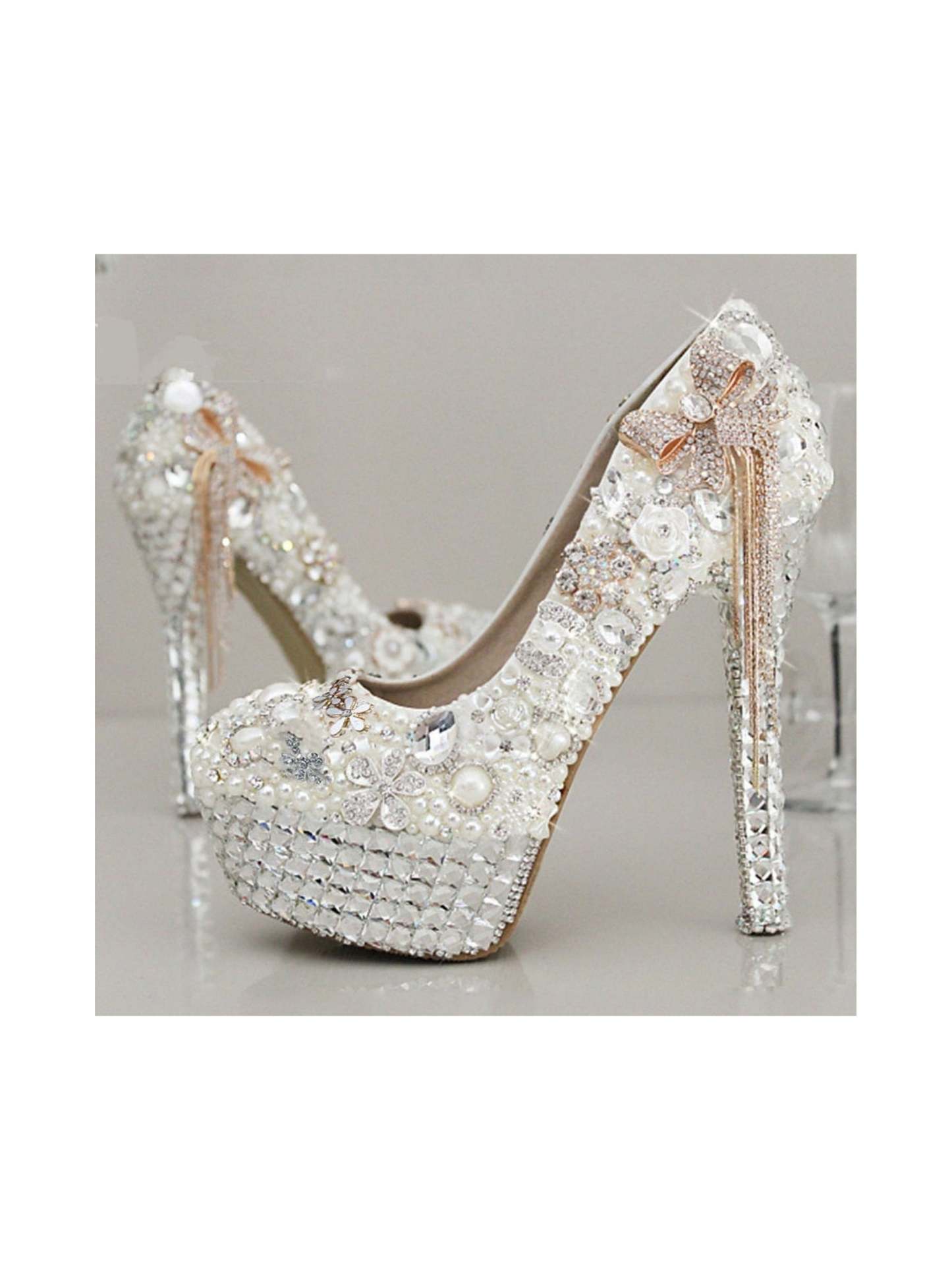 Bridal Stiletto Heels with Rhinestone Crystal Imitation Pearl Bowknot and Tassel Details