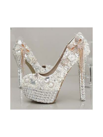 Bridal Stiletto Heels with Rhinestone Crystal Imitation Pearl Bowknot and Tassel Details