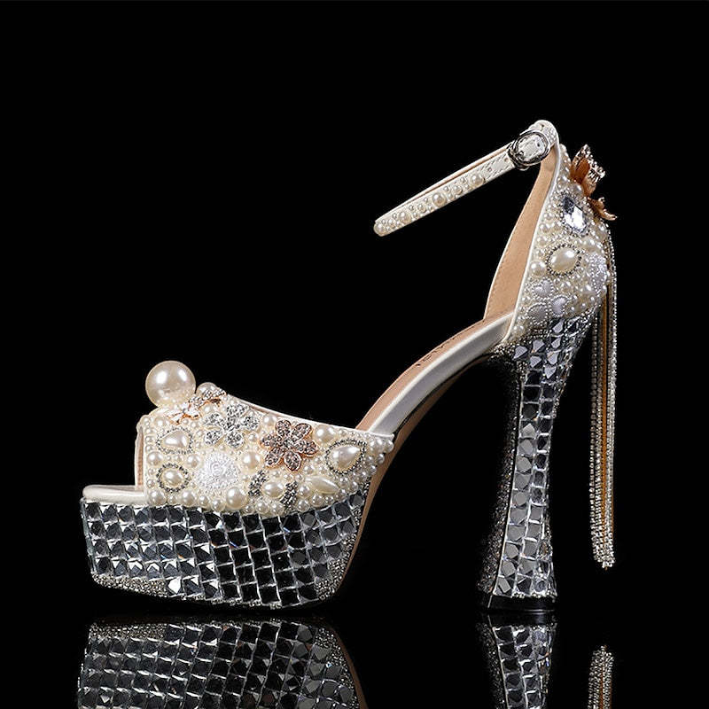 Bridal Stiletto Heels with Rhinestone Crystal Imitation Pearl Bowknot and Tassel Details