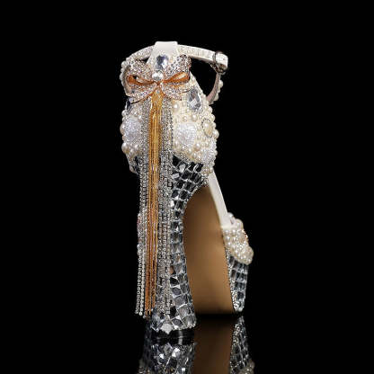 Bridal Stiletto Heels with Rhinestone Crystal Imitation Pearl Bowknot and Tassel Details