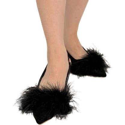 Black Pointed Toe Low Heel Bridal Shoes for Women with Feather Buckle