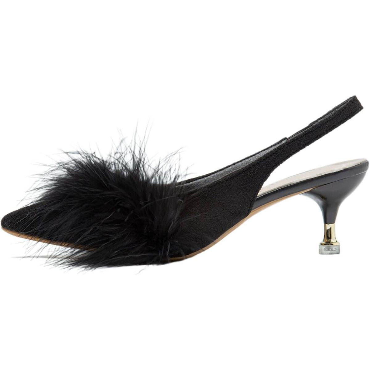 Black Pointed Toe Low Heel Bridal Shoes for Women with Feather Buckle