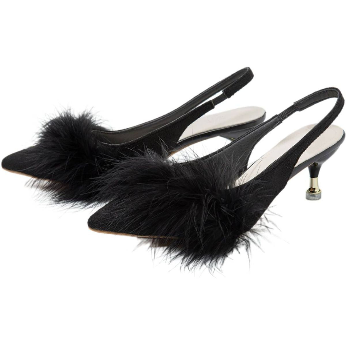Black Pointed Toe Low Heel Bridal Shoes for Women with Feather Buckle