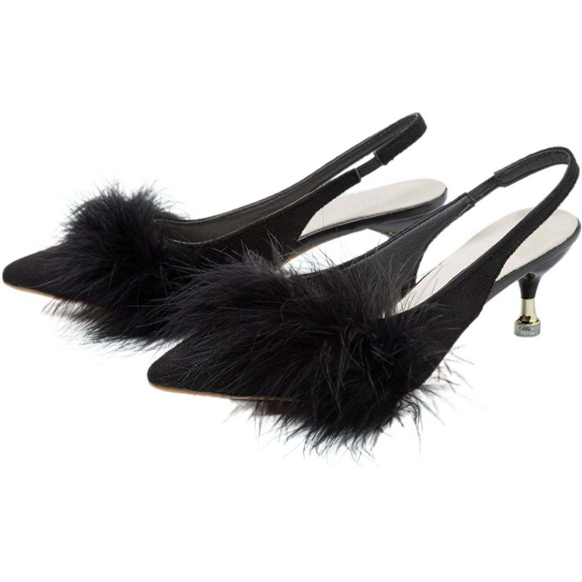 Black Pointed Toe Low Heel Bridal Shoes for Women with Feather Buckle