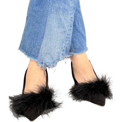 Black Pointed Toe Low Heel Bridal Shoes for Women with Feather Buckle