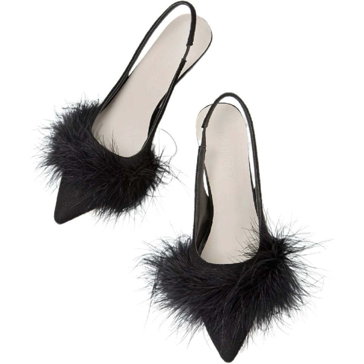 Black Pointed Toe Low Heel Bridal Shoes for Women with Feather Buckle