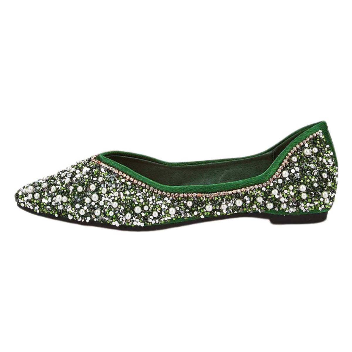 Green Bridal Shoes for Women with Pearls – Pointed Toe Flat Heel