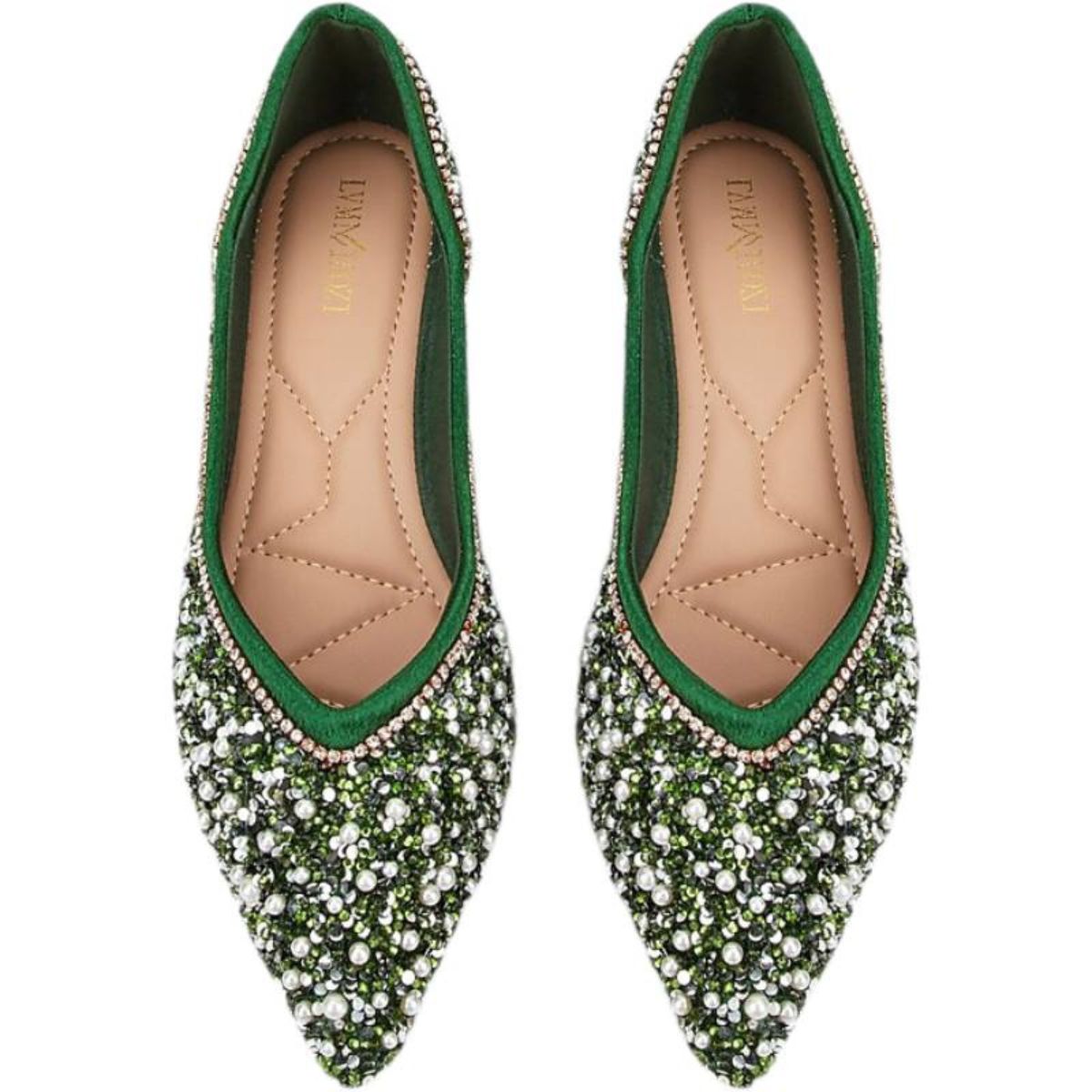 Green Bridal Shoes for Women with Pearls – Pointed Toe Flat Heel