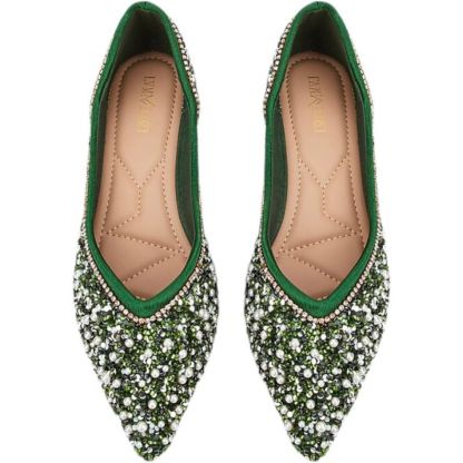 Green Bridal Shoes for Women with Pearls – Pointed Toe Flat Heel