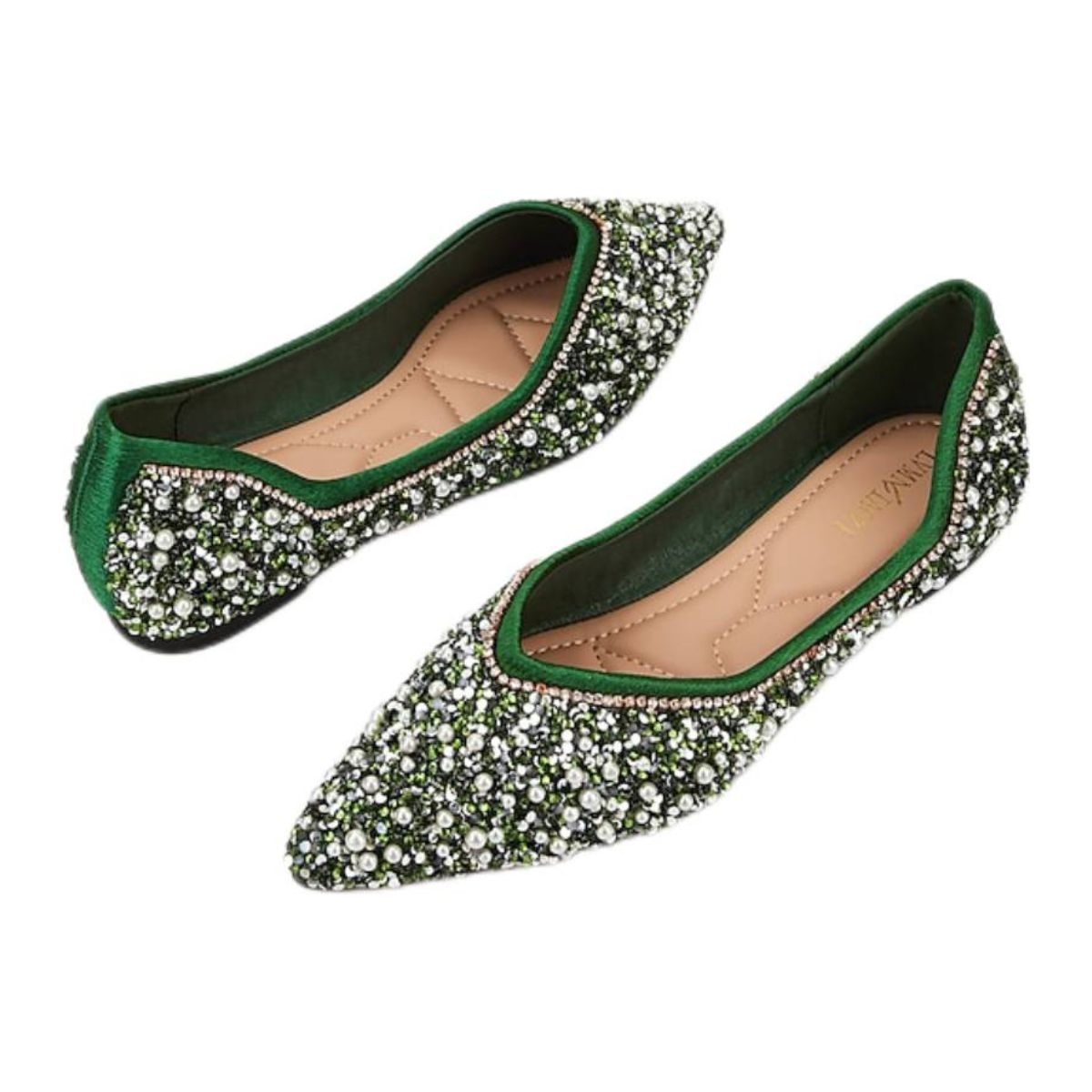 Green Bridal Shoes for Women with Pearls – Pointed Toe Flat Heel