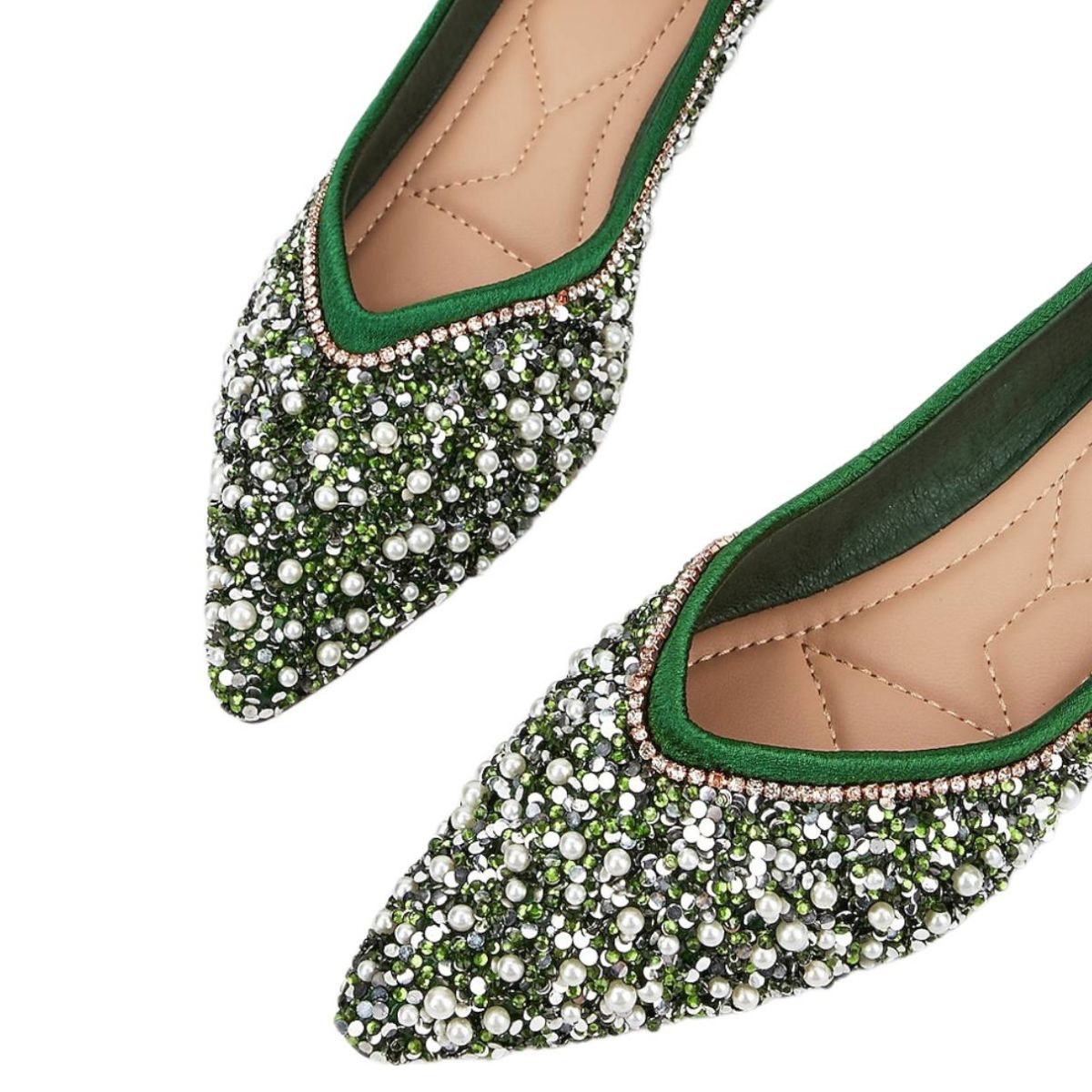 Green Bridal Shoes for Women with Pearls – Pointed Toe Flat Heel