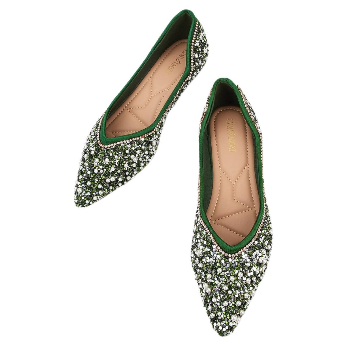 Green Bridal Shoes for Women with Pearls – Pointed Toe Flat Heel
