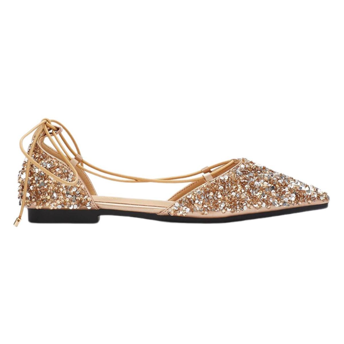 Gold Lace-up Bridal Flats with Pointed Toe for Women