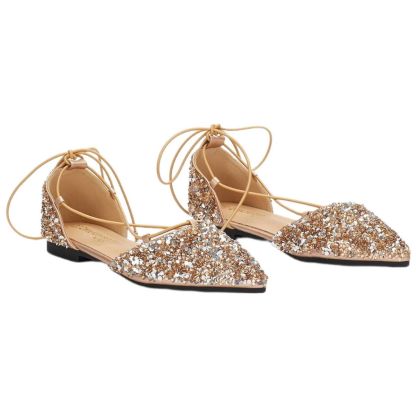 Gold Lace-up Bridal Flats with Pointed Toe for Women