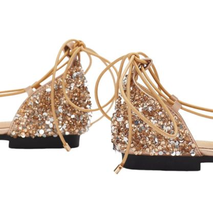 Gold Lace-up Bridal Flats with Pointed Toe for Women