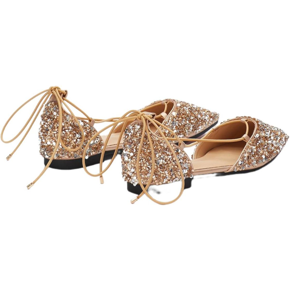 Gold Lace-up Bridal Flats with Pointed Toe for Women