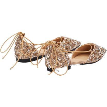 Gold Lace-up Bridal Flats with Pointed Toe for Women