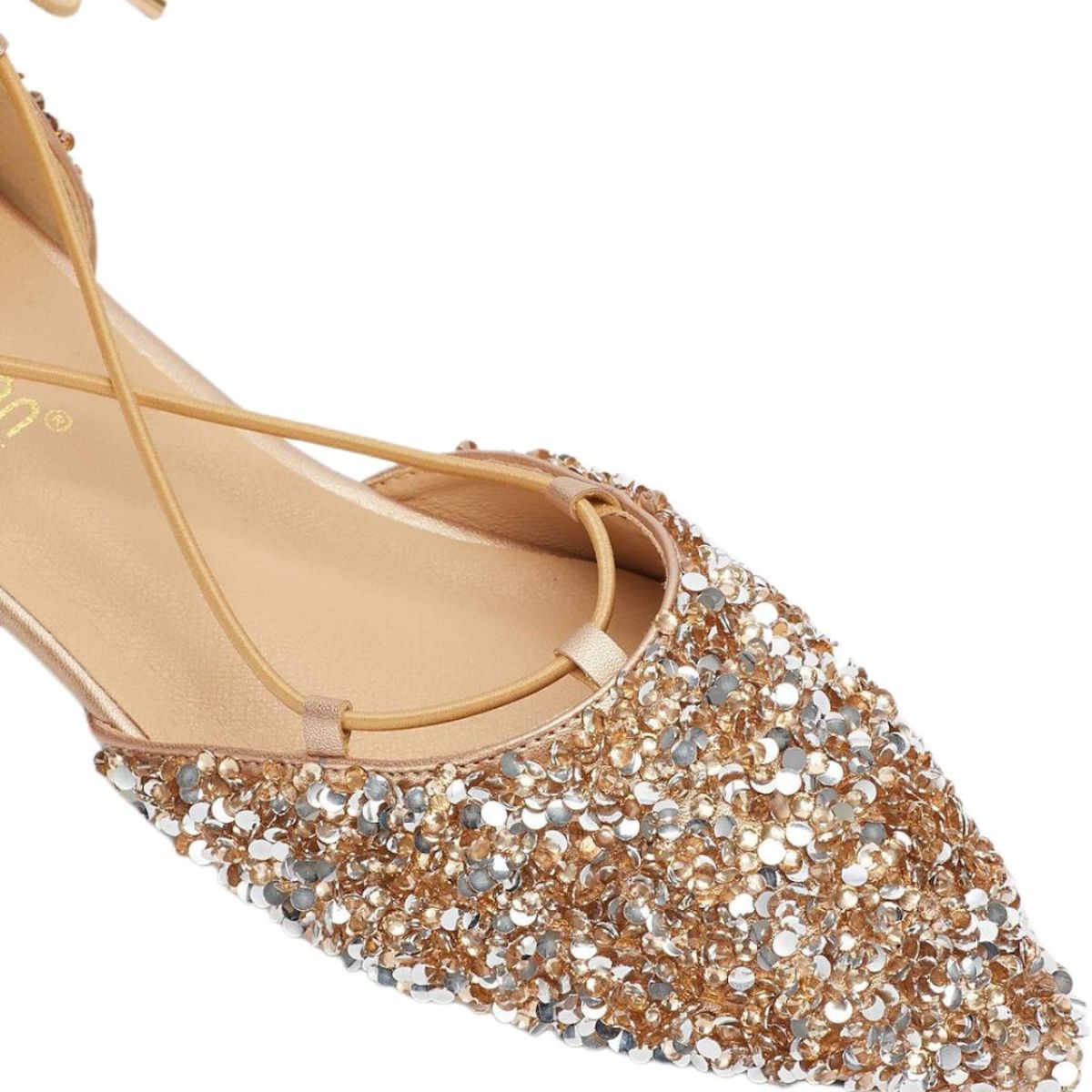 Gold Lace-up Bridal Flats with Pointed Toe for Women