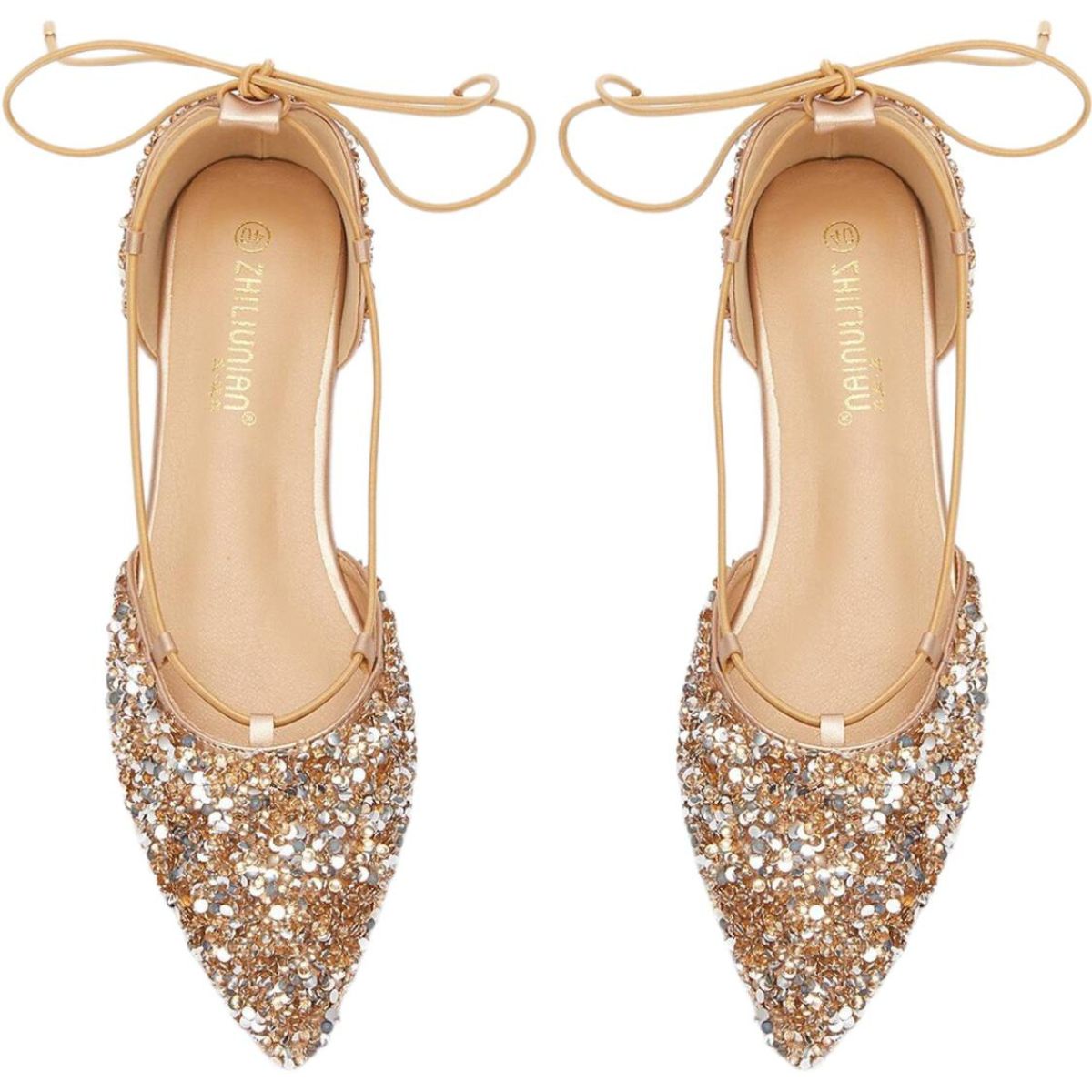 Gold Lace-up Bridal Flats with Pointed Toe for Women