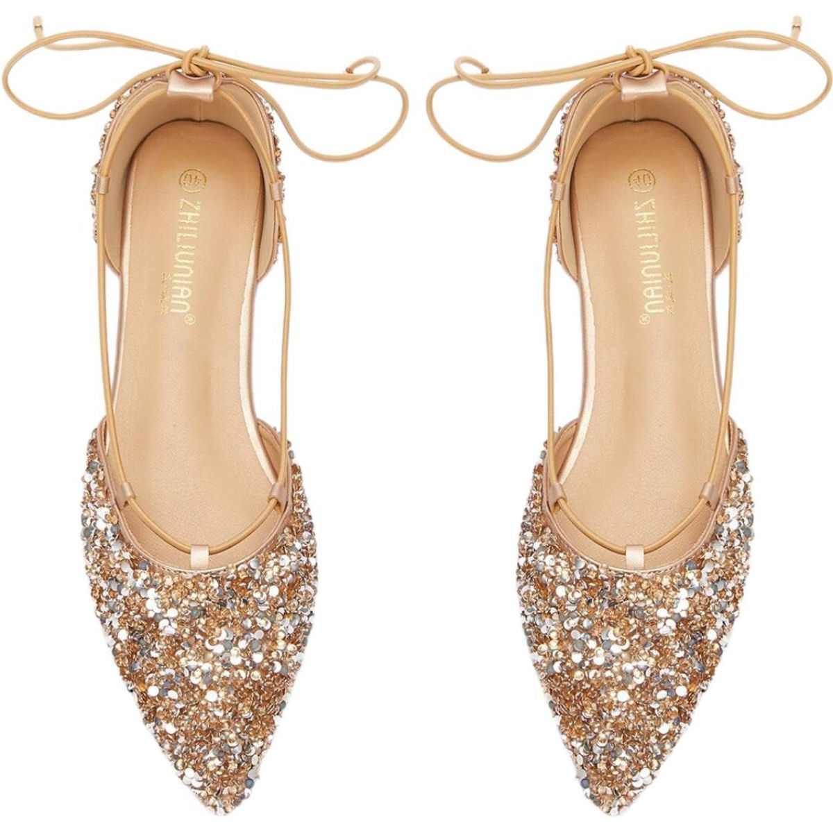 Gold Lace-up Bridal Flats with Pointed Toe for Women