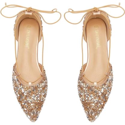 Gold Lace-up Bridal Flats with Pointed Toe for Women
