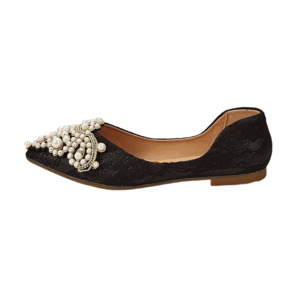 Black Pointed-Toe Lace Bridal Flats with Pearls for Women