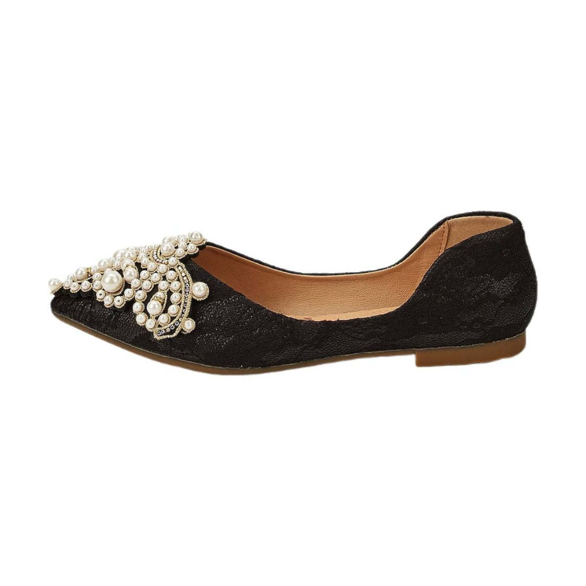Black Pointed-Toe Lace Bridal Flats with Pearls for Women