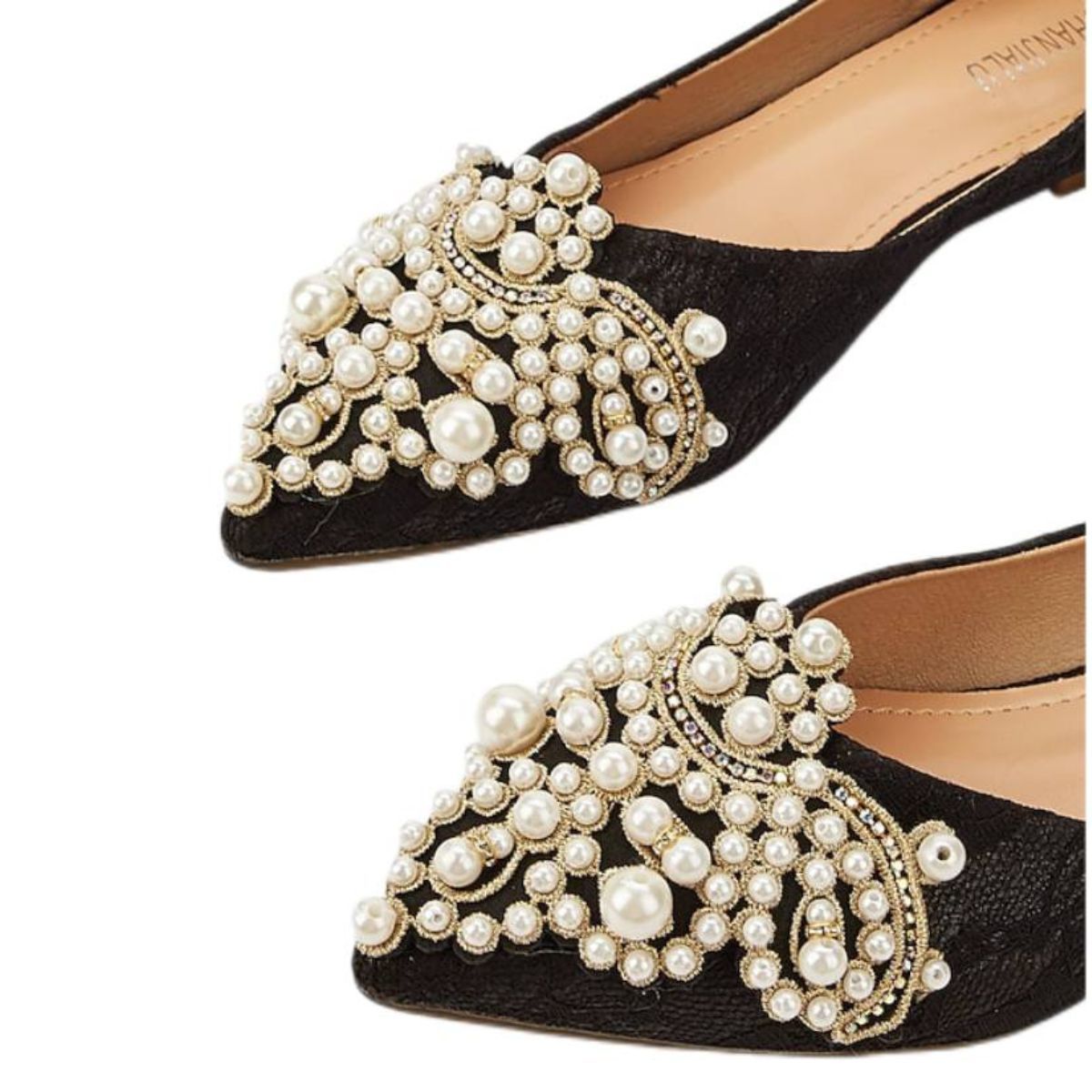 Black Pointed-Toe Lace Bridal Flats with Pearls for Women