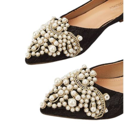 Black Pointed-Toe Lace Bridal Flats with Pearls for Women