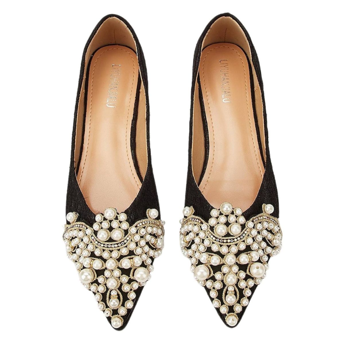 Black Pointed-Toe Lace Bridal Flats with Pearls for Women