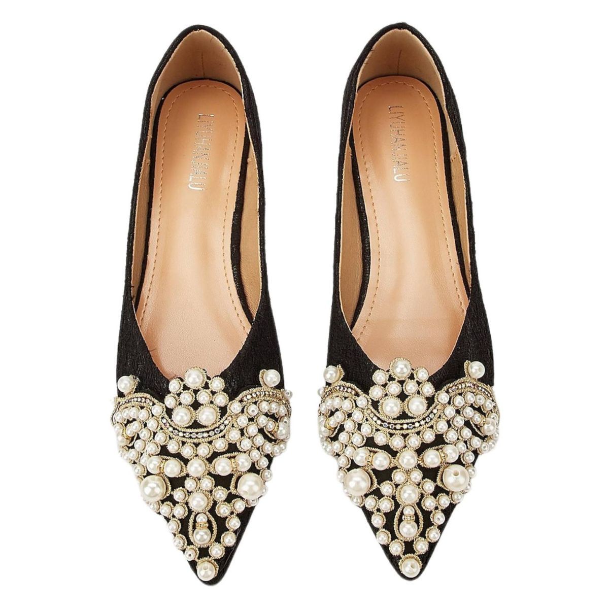 Black Pointed-Toe Lace Bridal Flats with Pearls for Women