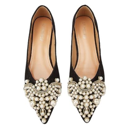 Black Pointed-Toe Lace Bridal Flats with Pearls for Women