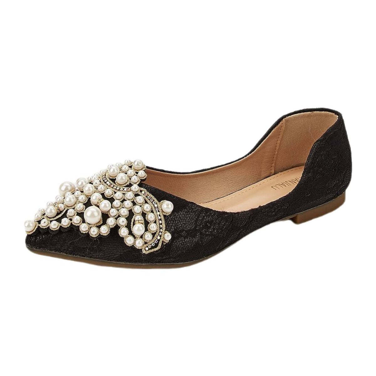 Black Pointed-Toe Lace Bridal Flats with Pearls for Women