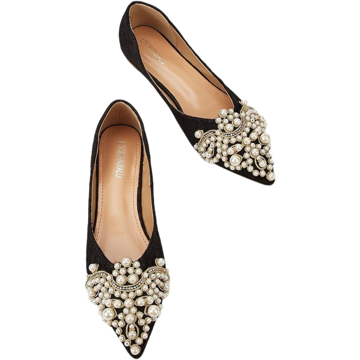 Black Pointed-Toe Lace Bridal Flats with Pearls for Women
