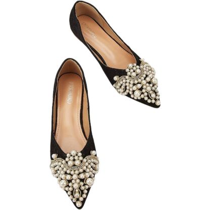 Black Pointed-Toe Lace Bridal Flats with Pearls for Women