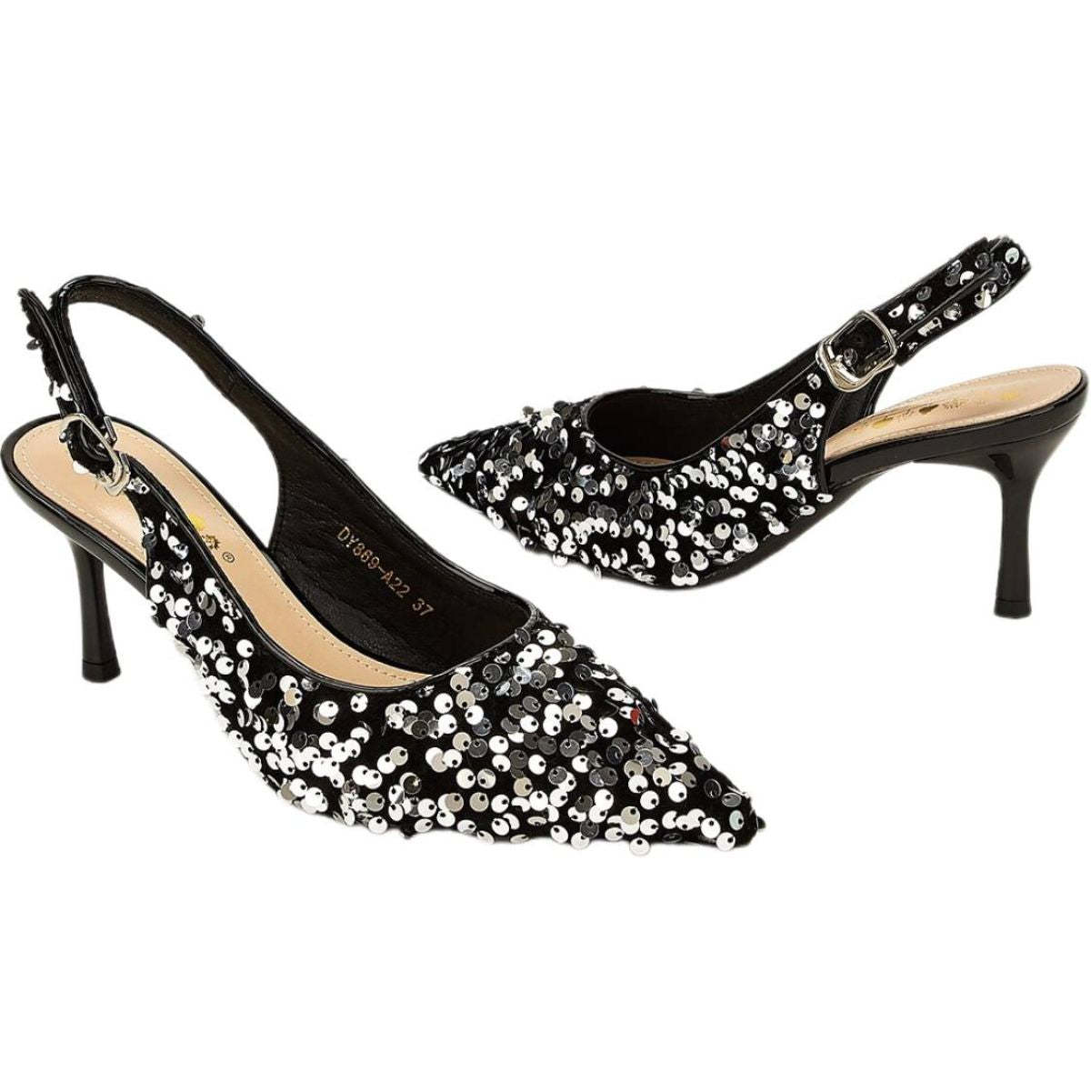 Black Pointed-Toe Stiletto Heel Wedding Shoes for Women with Sequins