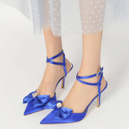 Bridal Shoes for Women with Pointed Toe Bow and Rhinestone Cross Buckle