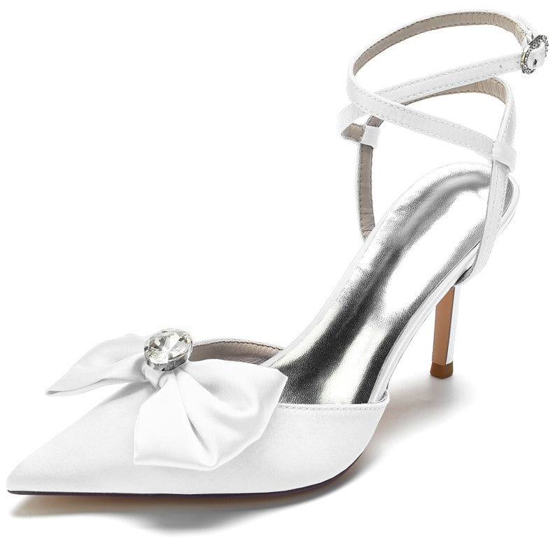 Bridal Shoes for Women with Pointed Toe Bow and Rhinestone Cross Buckle
