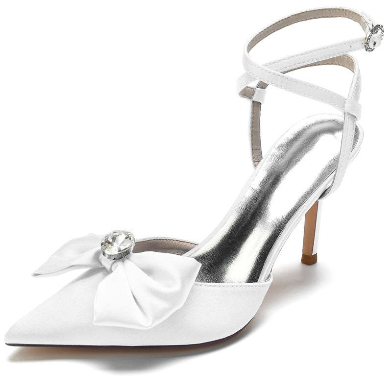 Bridal Shoes for Women with Pointed Toe Bow and Rhinestone Cross Buckle
