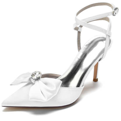 Bridal Shoes for Women with Pointed Toe Bow and Rhinestone Cross Buckle