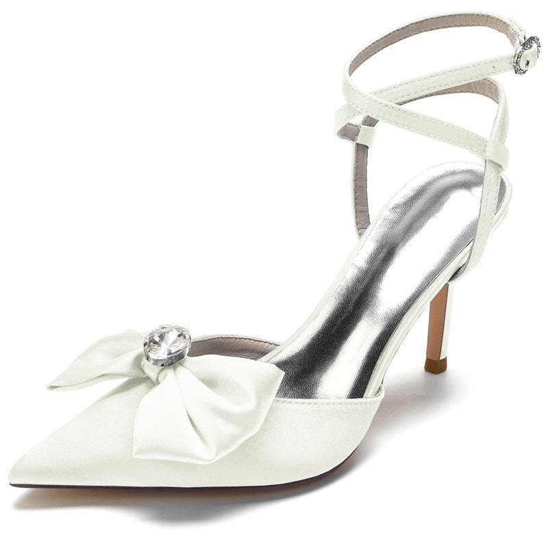 Bridal Shoes for Women with Pointed Toe Bow and Rhinestone Cross Buckle