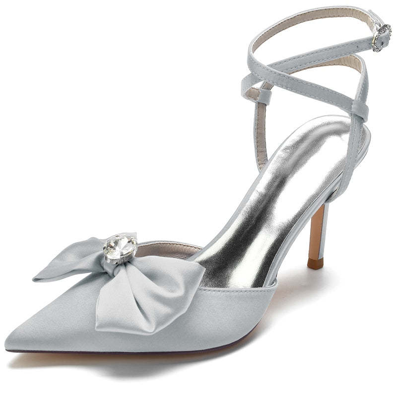 Bridal Shoes for Women with Pointed Toe Bow and Rhinestone Cross Buckle