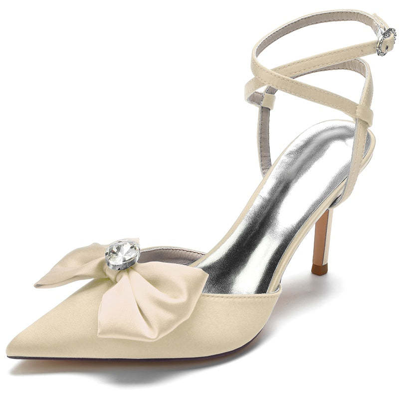 Bridal Shoes for Women with Pointed Toe Bow and Rhinestone Cross Buckle