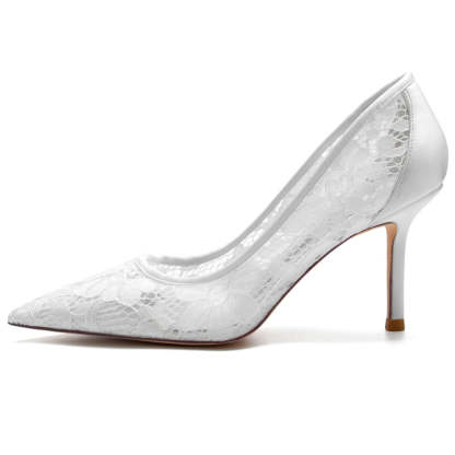 Bridal Heels for Women with Pointed Toe and Lace Appliques