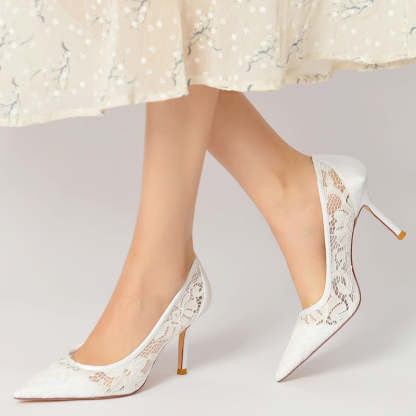 Bridal Heels for Women with Pointed Toe and Lace Appliques