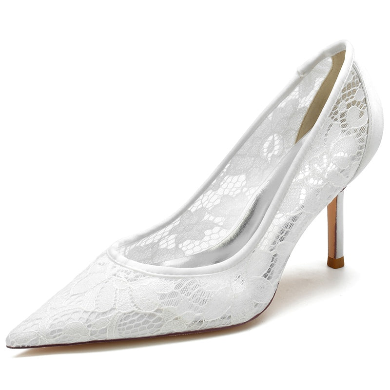 Bridal Heels for Women with Pointed Toe and Lace Appliques